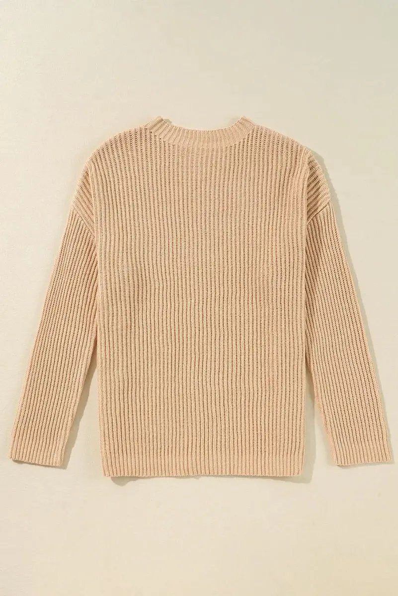 Side Slit Round Neck Long Sleeve Sweater - Love Salve